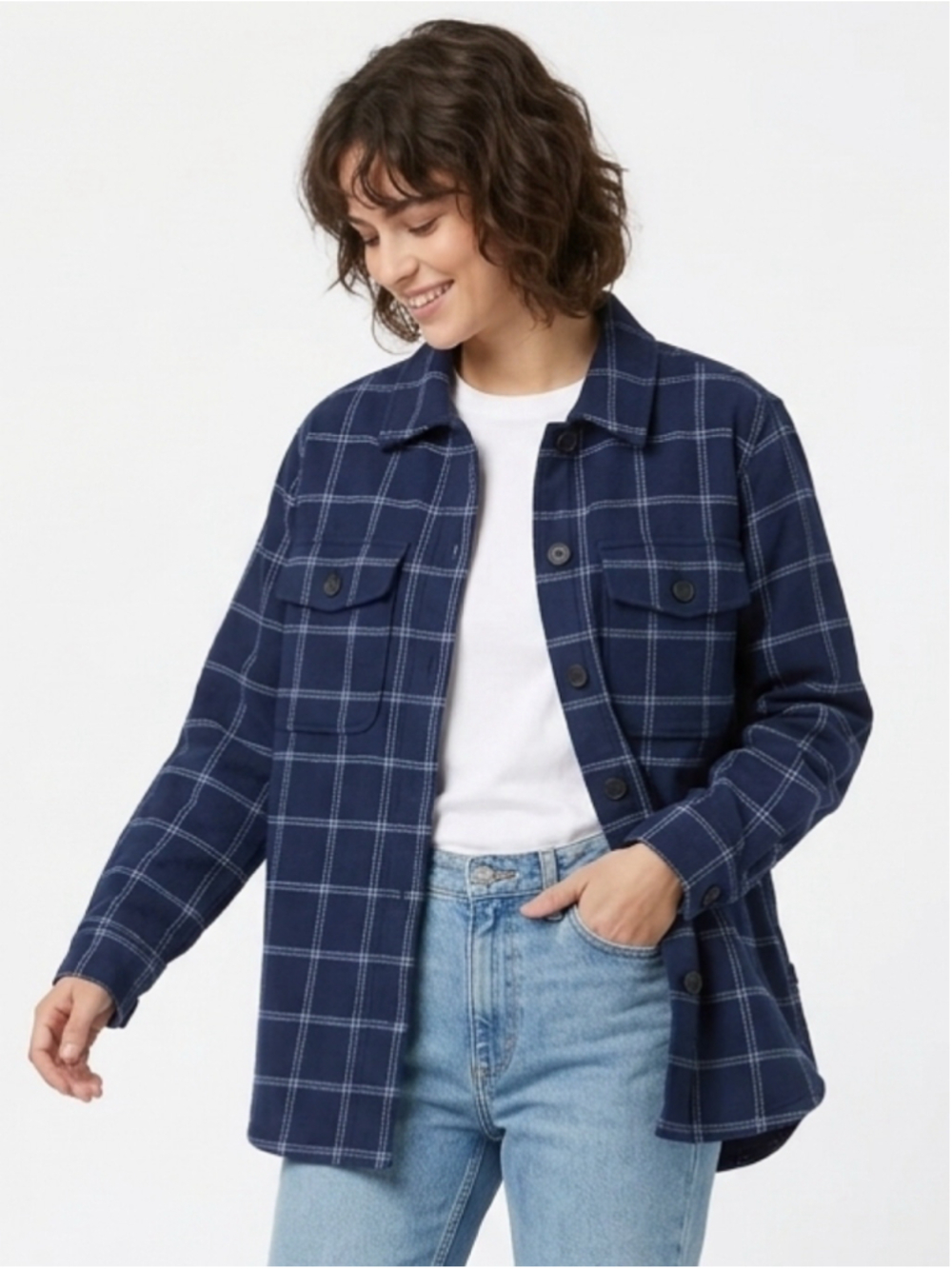 Women's Tilley Navy Blue Windowpane Plaid Wool Blend Shacket Shirt Jacket Size L
